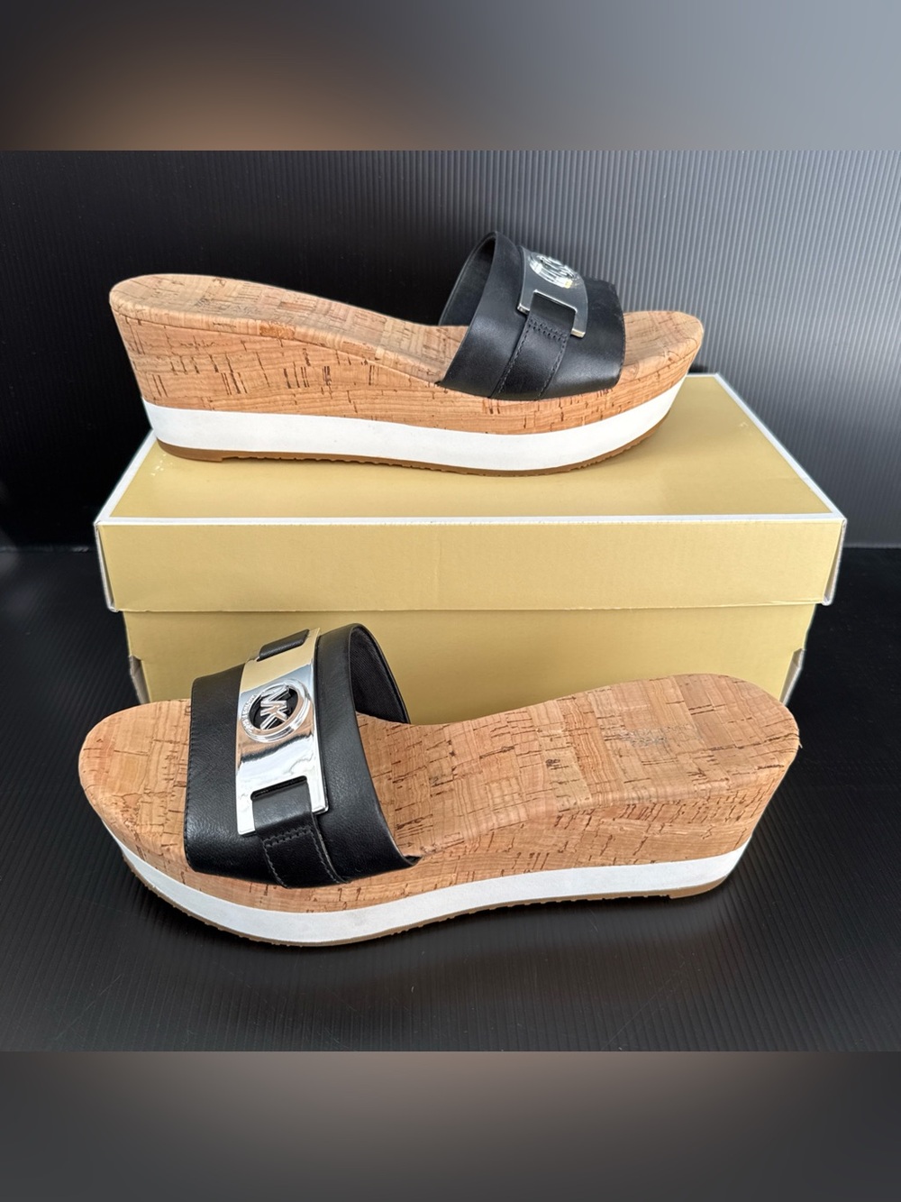 Michael Kors Black Leather Cork Wedge Sandals with Silver Hardware